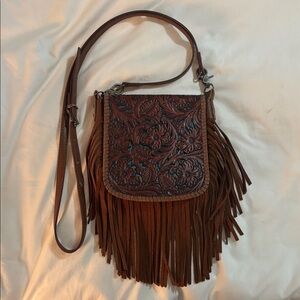 Brown (genuine leather) Soft Floral Embossed Fringe Crossbody Bag